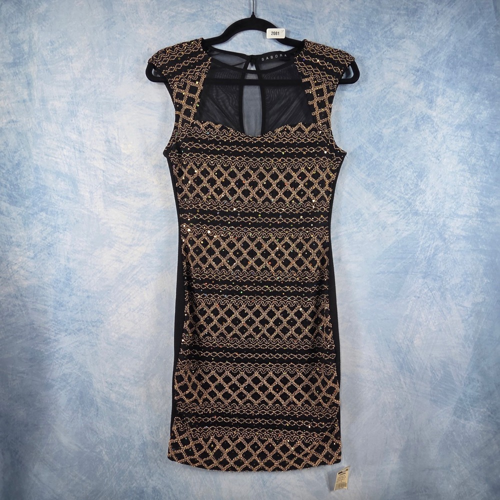 Sabora Womens Black Gold Sequin Mesh Cap Sleeve Bodycon Cocktail Dress Large NEW